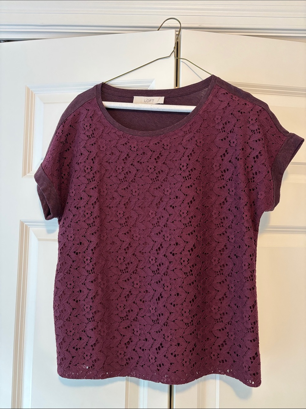 LOFT Plum Lace Overlay Short Sleeve Tee